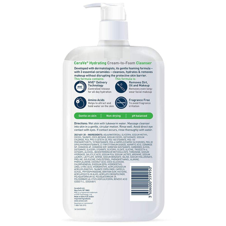 Hydrating Cream to Foam Cleanser, Makeup Remover Face Wash for Dry Skin, Foaming Facial Cleanser with Hyaluronic Acid, Normal to Dry Skin, Fragrance Free & Non Comedogenic, 19 Fluid Ounce