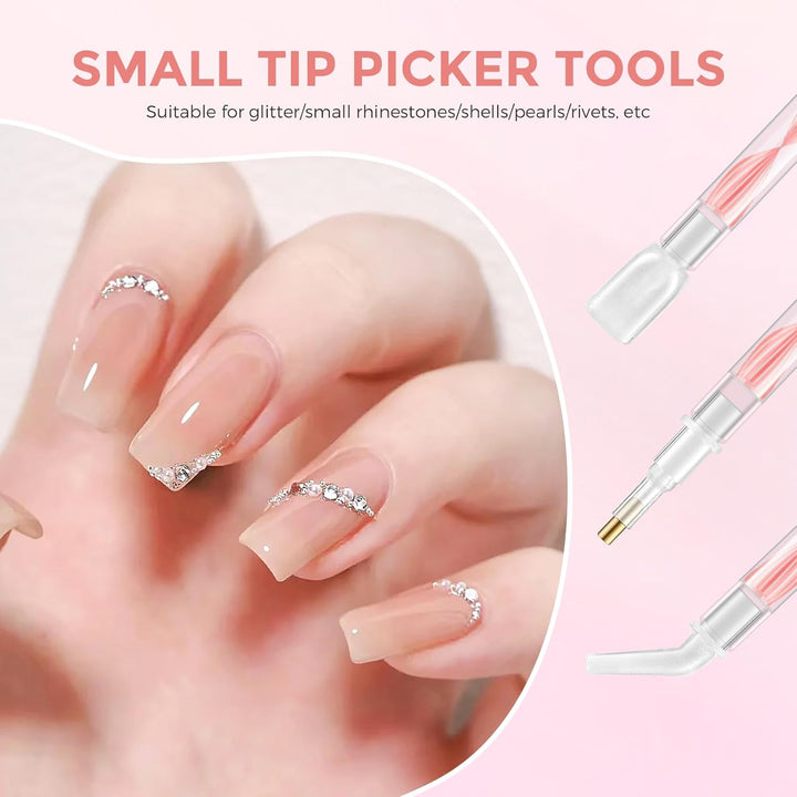 Rhinestone Picker Tool Kit: 2Pcs Rhinestone Picker Handle, Dual-Ended Rhinestones Applicator Dotting Pen with 12 Upgraded Plastic Replacement Tips, Clay, Bedazzling Tools for Nail Art Craft