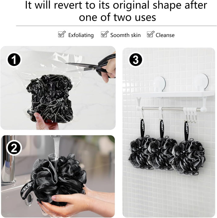 Bath Loofah Sponge, 4 Pack Black 60G Shower Mesh Ball Soft Pouf Body Scrubber, Exfoliate, Cleanse, Soothe Skin, Black Loofah with White Trim