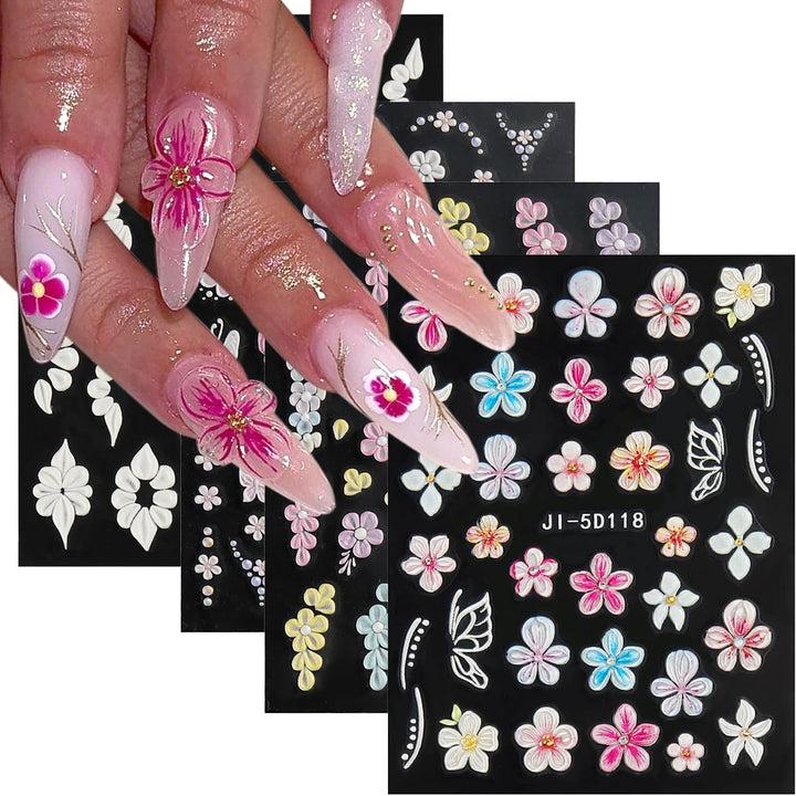 5D Embossed White Flowers Nail Stickers, 5 Sheets Self-Adhesive Floral Nail Decals, Spring Rose Butterfly Nail Art, 3D Acrylic Flowers for Manicure Decor