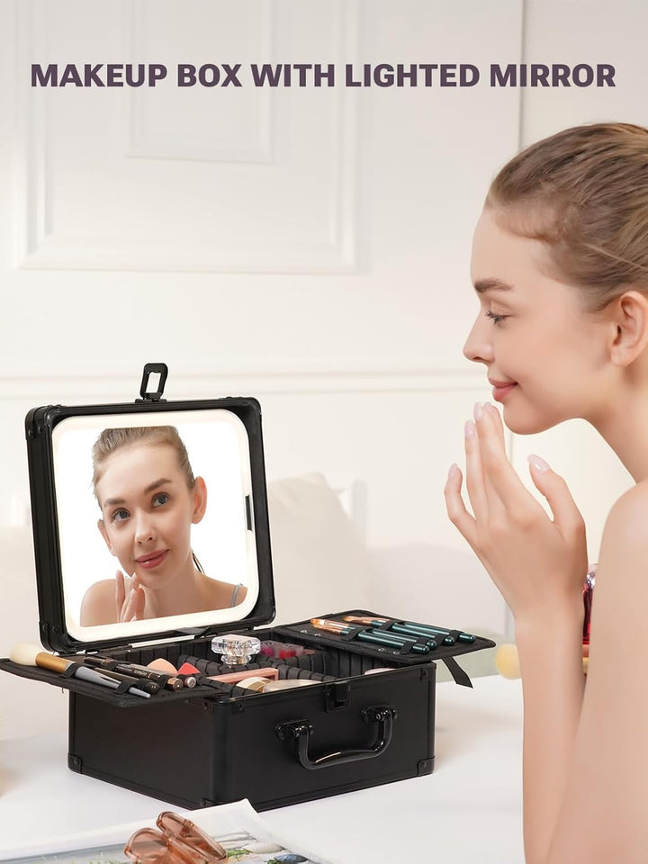 Makeup Box with a Detachable Lighted Mirror, Waterproof Travel Train Case, Cosmetic Organizer and Makeup Suitcase with Adjustable Dividers, Magnetic LED Mirror (Black)