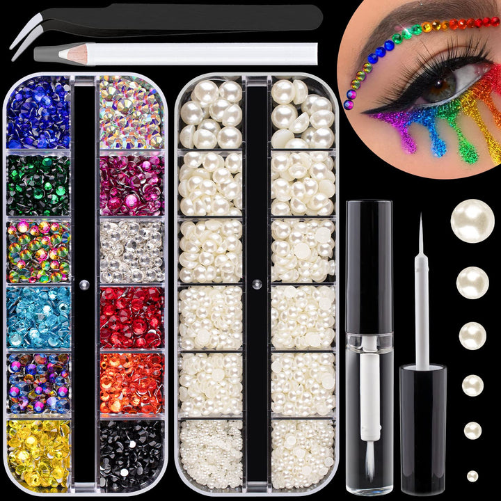 Flat Back Rhinestone Kits Colorful Rhinestones+Crystal Ab&Transparent White Face Gems Nail Gem with Quick Dry Makeup Glue+Picker Pencil+Tweezer for Bedazzling Face Makeup and Nail Art