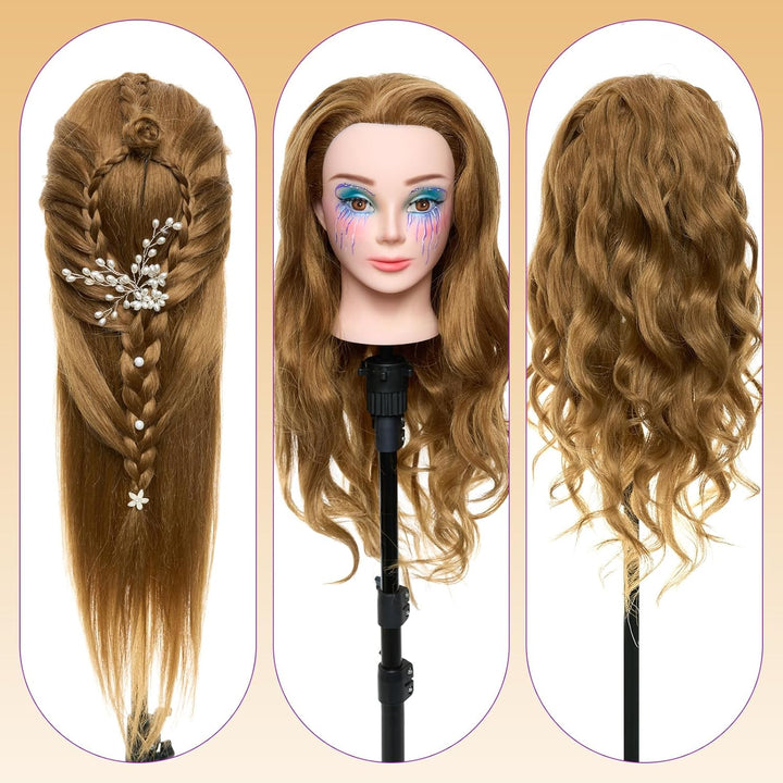28" Mannequin Head Human Hair, 80% Real Hair Mannequin Head for Makeup Practice, Cosmetology Manikin Doll Head for Hair Styling, Hairdressing Training Head for Braiding #27