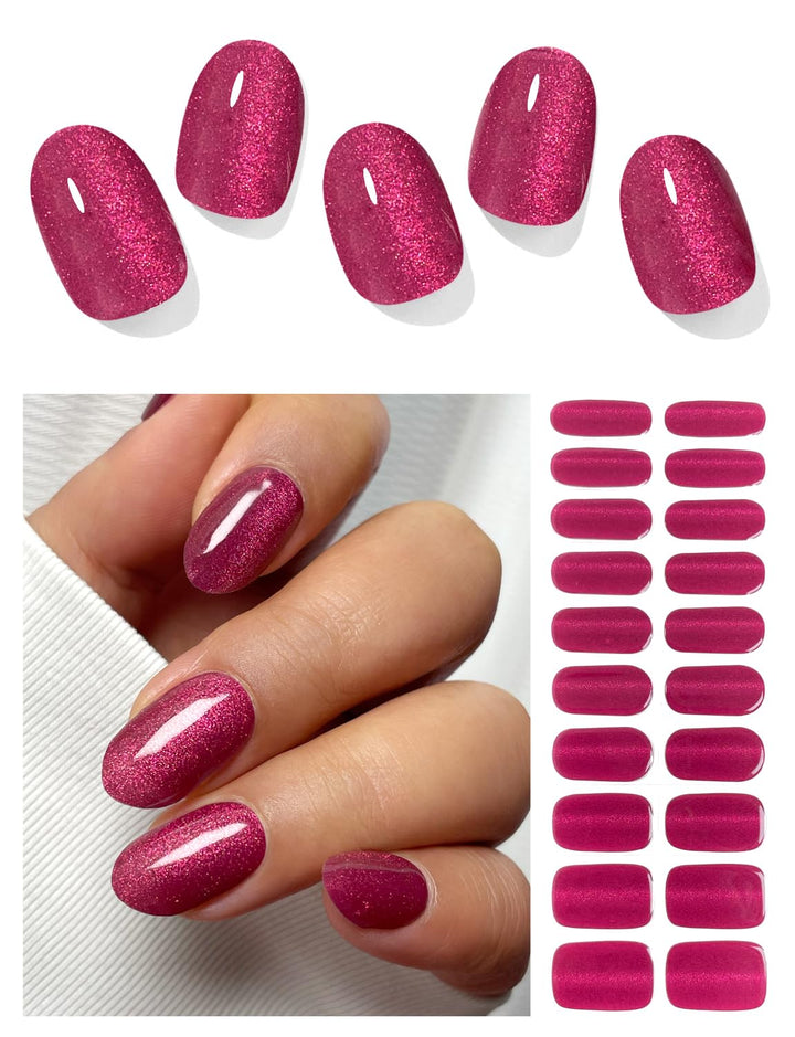 Semi Cured Gel Nail Strips (Deep Plum Cat Eye), Dark Purple, 20 Pcs Gel Nail Wraps, Stickers, UV Light Required, Salon Quality, Long Lasting