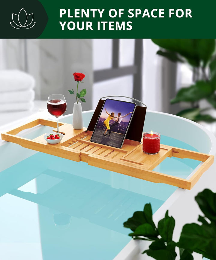 Premium Foldable Bathtub Tray Caddy - Wood Bath Tray for Tub, Bamboo Shelf, Expandable Bath Table Trays, Bathtub & Bathroom Accessories for New Home & Mothers, Birthday Gifts for Mom