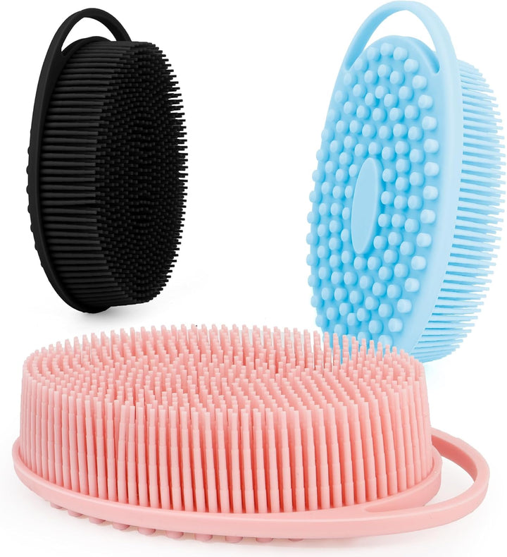 Soft Silicone Body Scrubber 2 PCS Silicone Body Shower, Silicone Loofah 2 in 1 Bath and Shampoo Brush, Body Scrubber Shower Cleaning Exfoliating Use for Sensitive Skin, Lather Well(Black and Pink)
