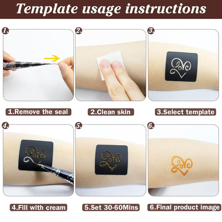 Brown Temporary Tattoo Kit,Temporary Tattoos Stencils Kit (3Pcs Brown Tattoo Cones 4 Reusable Templates 1Pcs Tattoo Outline Pen)， Waterproof,Diy Body Art for Women Men