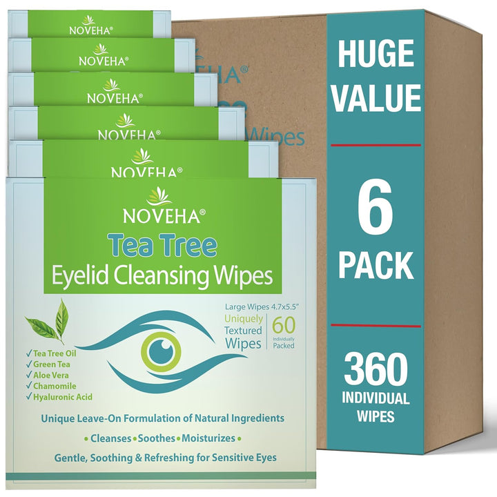 60Pcs Tea Tree Oil Eyelid & Lash Wipes | with Hyaluronic Acid, Green Tea & Chamomile for Blepharitis, Itchy & Stye Eyes, Individually Wrapped, Natural Eyelash Makeup Remover & Daily Cleanser
