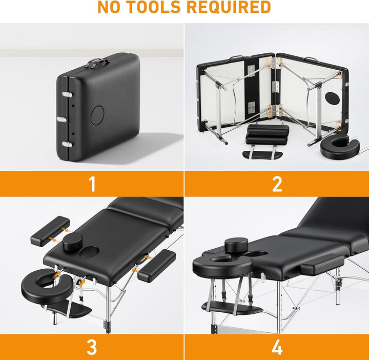 Massage Table Portable 84" Long 24" Wide Professional 3 Sections Reclining Massage Couch, Aluminum Adjustable Esthetician Bed Tattoo Table SPA Lash Salon Bed with Carrying Bag (Black)