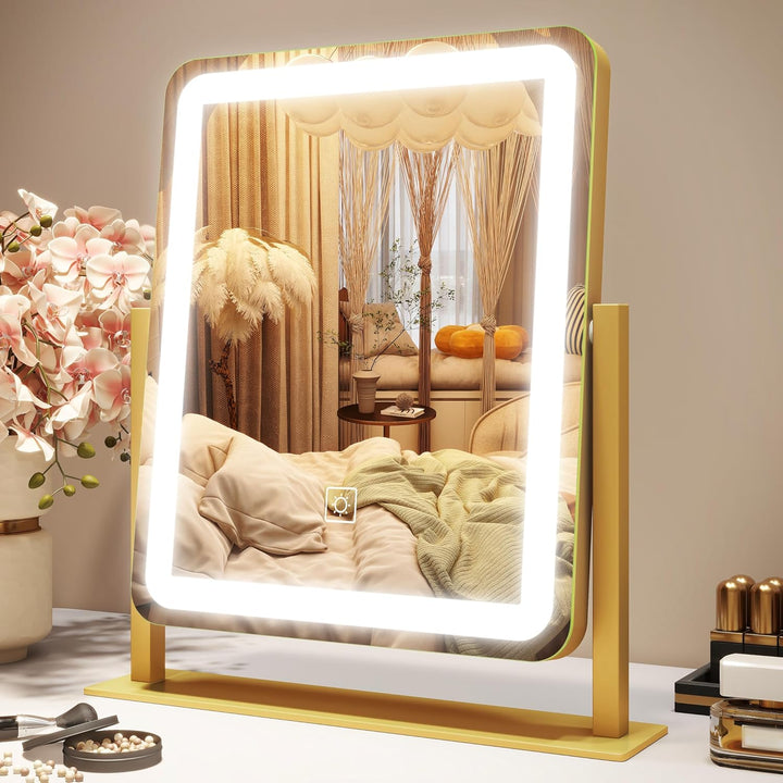 Vanity Mirror with Lights, 12.6"×15" LED Makeup Mirror, Lighted Makeup Mirror with Lights, Smart Touch Control Dimmable 3 Modes Light, Lighted up Mirror for Makeup Desk, Bedroom, Dressing Room