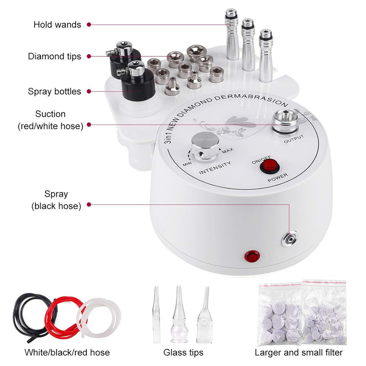 Diamond Microdermabrasion Machine,  3 in 1 Professional Microdermabrasion Machine with Vacuum Glass Tube and Spray Bottle for Home Use Skin Care
