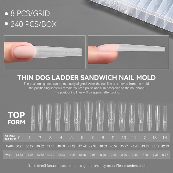 Original Sandwich Nails Dual Forms - 240Pcs Long Coffin Nail Mold for Quick Nails Extension, No Paper Forms Needed, 15 Sizes Plastic Form, Salon Nail Art Tools