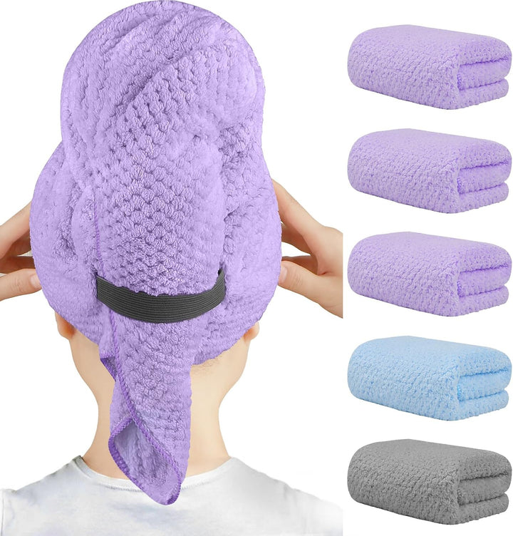 5 Pack Microfiber Hair Towels - 40 X 20 Inches Super Soft, Fast Drying Turbans for Long, Thick, Curly Hair - anti Frizz Wrap with Elastic Strap