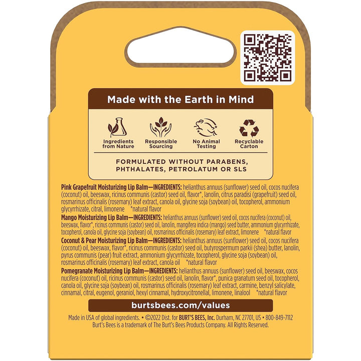 Lip Balm - Pink Grapefruit, Mango, Coconut & Pear, and Pomegranate Pack, Lip Moisturizer with Beeswax, Tint-Free, Natural Origin Conditioning Treatment, 4 Tubes, 0.15 Oz.