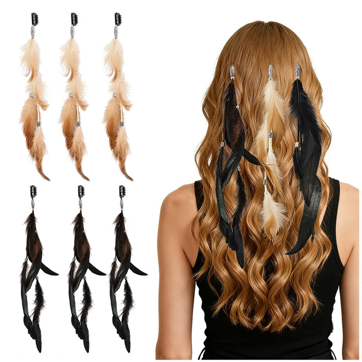 Feathers Hair Extensions for Women Boho Clip-In Hair Feather Accessories for Carnival Halloween Party Performances Photo Shoots, Brown Black Dark Coffee(3 Pcs)