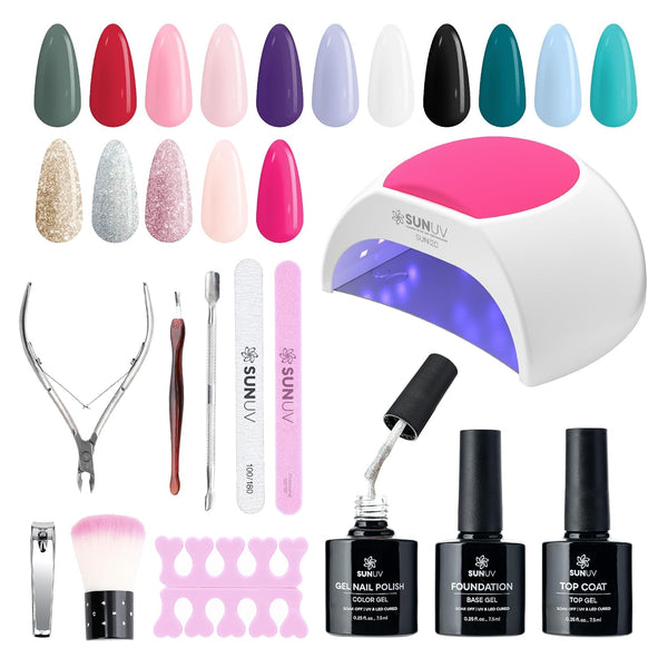 Gel Nail Polish Kit with UV Light for Nails SUN2C 16 Colors Gel Polish Sets, Base and Top Coat with 8 PCS Manicure Tools Gift for Women