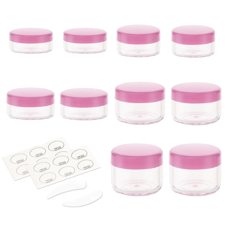 10Pcs Small Travel Containers, Black Sample Jars with Screw Lids, 5 Size 3/5/10/15/20 Gram, 12Pcs Labels and 2Pcs Mini Disposable Spatula, Makeup Sample Containers BPA Free