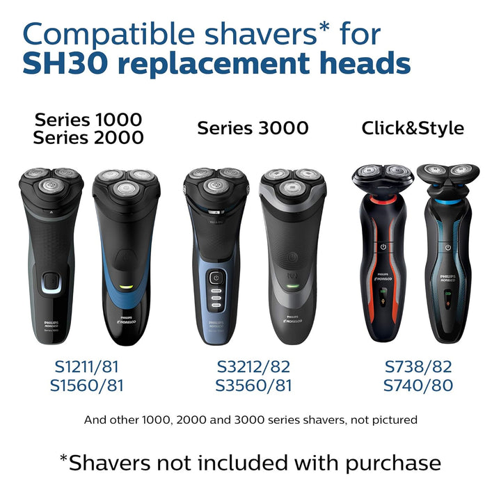 Philips  SH30/52 Shaving Heads, Compatible with Philips Shavers Series 1000, 3000 and 5000, Powerful Performance, Self-Sharpening, 3 Pieces, Model SH30/52