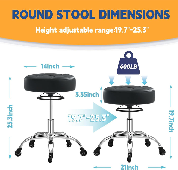 Heavy Duty 400Lb Rolling Stool: Super Soft Leather Seat Cushion, 360 Swivel, Height Adjustable, No Squeak, No Tip Over, Salon & Spa Stool (Black)