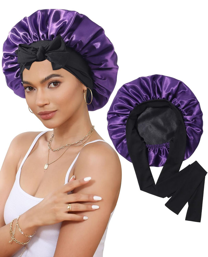 Satin Bonnet for Sleeping Cap Double Layer Hair Bonnet with Elastic Tie Band for Curly Hair Night Cap (Bean Paste + Pink)