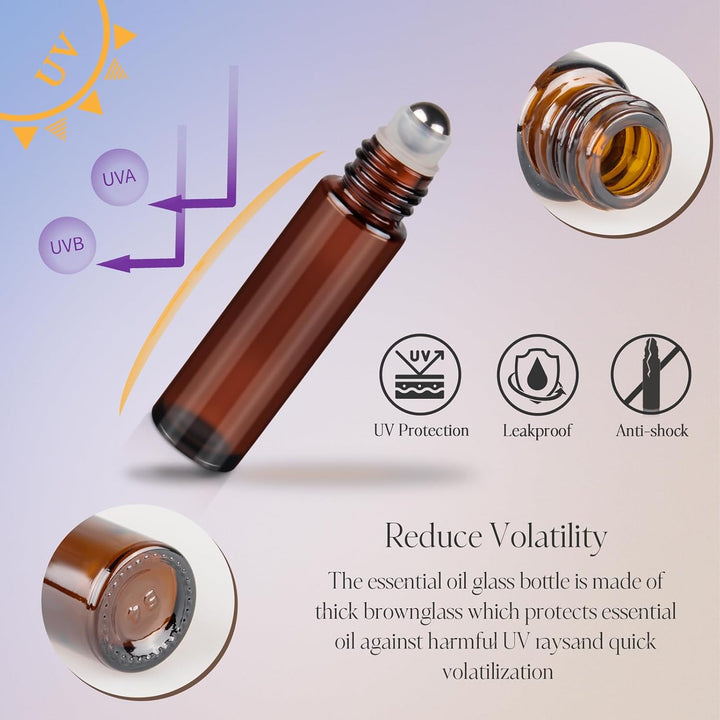 10Ml Roller Bottles for Essential Oils, 4 Pack Glass Roll on Bottles, Refillable Perfume Bottle, with Stainless Steel Roller Balls, 2 Droppers, 1 Opener, Labels (Amber)