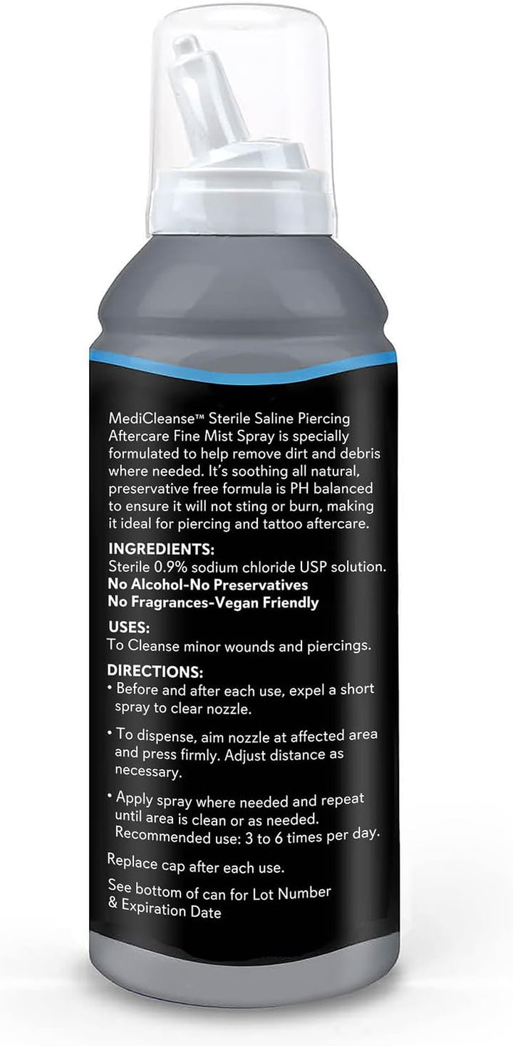Sterile Saline Piercing Aftercare Fine Mist Spray, 7.5 Ounce, All Natural, No Alcohol, Vegan Friendly, for Piercings and Tattoos, Made in USA, Pack of 2