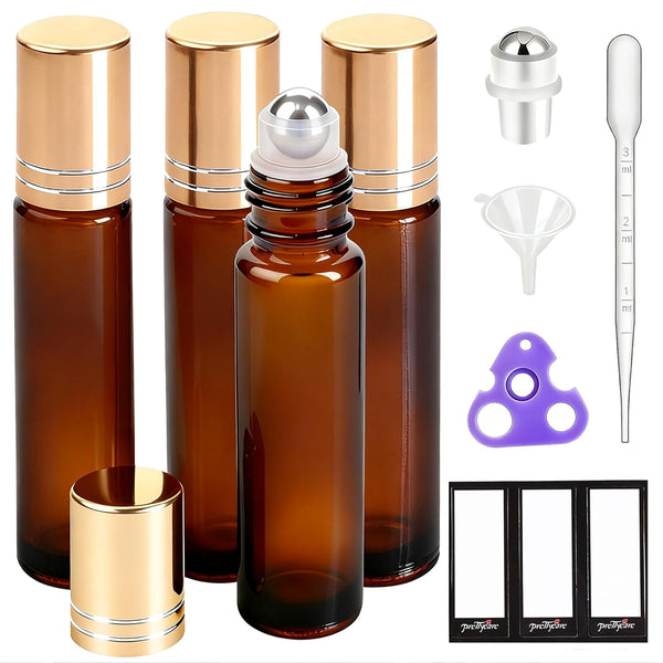 4 Pack, 10 Ml Essential Oil Roller Bottles with Stainless Steel Roller Ball - Refillable Leak-Proof Empty Thick Amber Glass Roll on Bottles with Metal Caps for Travel, Perfume