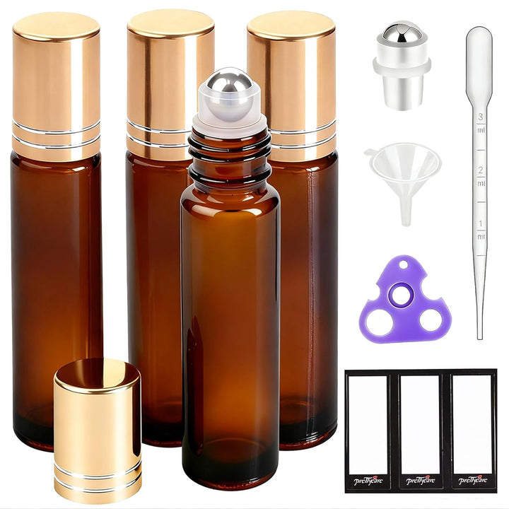 4 Pack, 10 Ml Essential Oil Roller Bottles with Stainless Steel Roller Ball - Refillable Leak-Proof Empty Thick Amber Glass Roll on Bottles with Metal Caps for Travel, Perfume