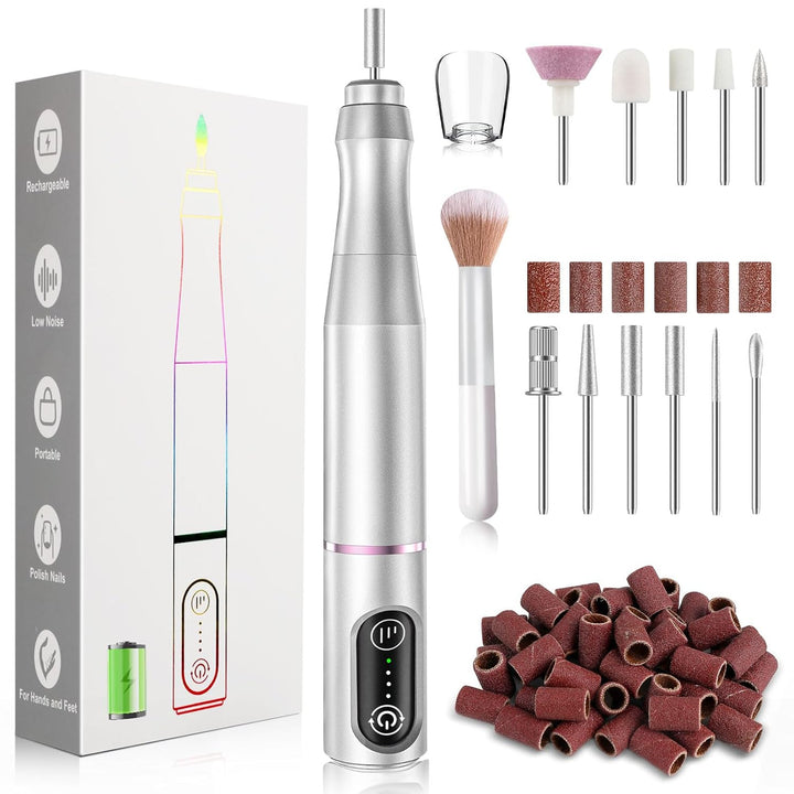Cordless Nail Drill Electric Nail File Kit Rechargeable Professional Efile Nail Set, Portable Acrylic Gel Nail Polish Remover Machine Pedicure Manicure Tool, 11 Bits 56 Sanding Bands Salon Home