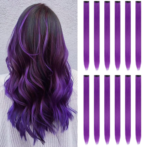 12PCS Colored Purple Hair Extensions Clip in Colorful Hair Extensions 22 Inch Rainbow Hair Extensions for Kids Women'S Gifts Blue Hair Extensions (22Inch,Purple)