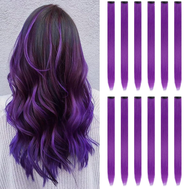 12PCS Colored Purple Hair Extensions Clip in Colorful Hair Extensions 22 Inch Rainbow Hair Extensions for Kids Women'S Gifts Blue Hair Extensions (22Inch,Purple)