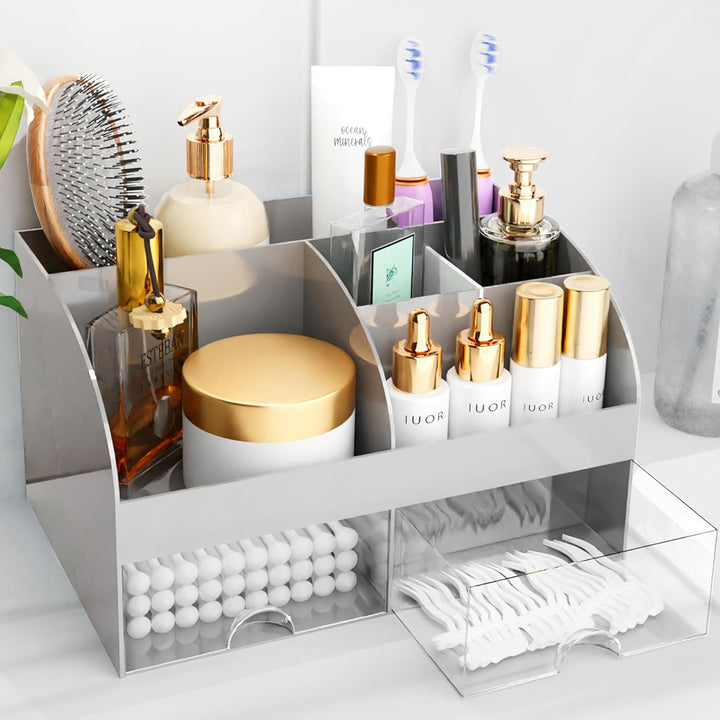Makeup Organizer with Drawers, Cosmetic Storage for Dresser Vanity and Bathroom Countertop, Beauty Holder for Lipstick Brush, Skincare Organizer for Vanity, Cosmetic Display Case (White)