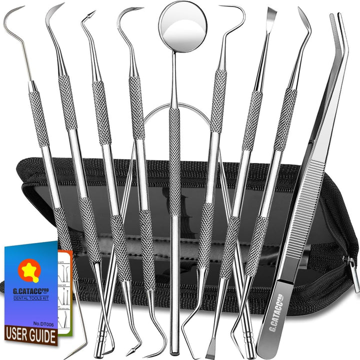 10 Pack Dental Tools, Professional Plaque Remover for Teeth Cleaning Tools Set, Stainless Steel Hygiene Kit with Dental Pick Tooth Scraper Plaque Tartar Remover Tongue Cleaner - with Case