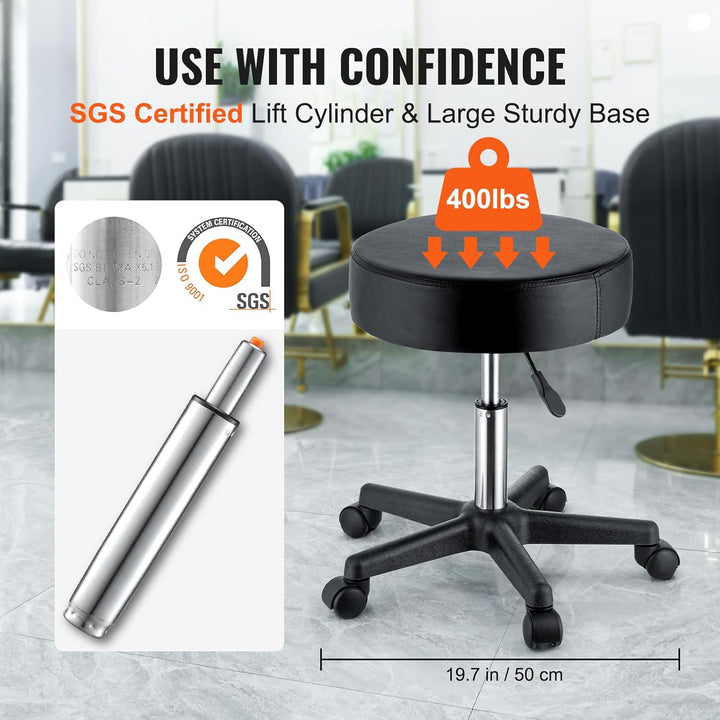 Rolling Stools with Wheels, 400 LBS Weight Capacity Adjustable Height Stool with Ultra-Thick Seat Cushion, Swivel Stools Chair for Salon, Bar, Home, Office, Tatoo, Medical, Massage, Black