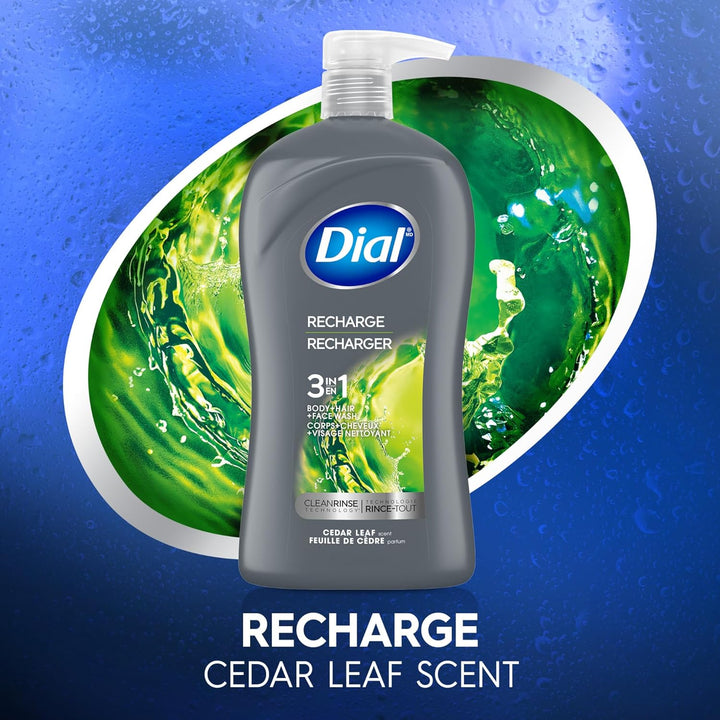 Men 3 in 1 Body, Hair and Face Wash, Recharge, 32 Fl Oz, Cedar Leaf Scent, Cleanses Deep + Gentle on Skin with Clean Rinse Technology