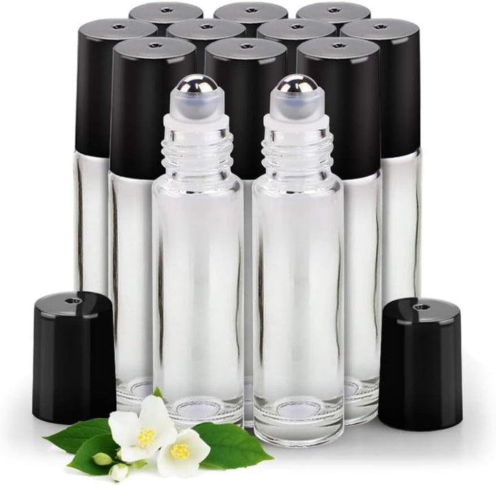 12 Pack Essential Oil Roller Bottles Stainless Steel, 10Ml Amber Glass Roller Bottles with Caps for Travel, Perfume and Lip Gloss