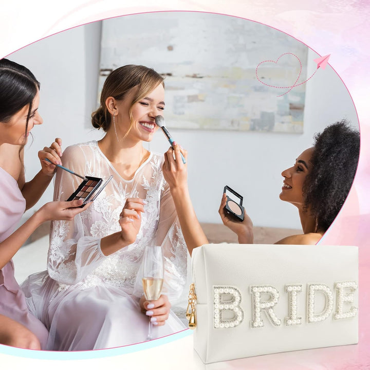 Bride Patch Letter Makeup Bag for Women Bridesmaid Engagement Gift for Her White Pearl Rhinestone Travel Toiletry Bag Make up Bag Pouch for Purse Bridal Shower Gifts for Engagement Wedding