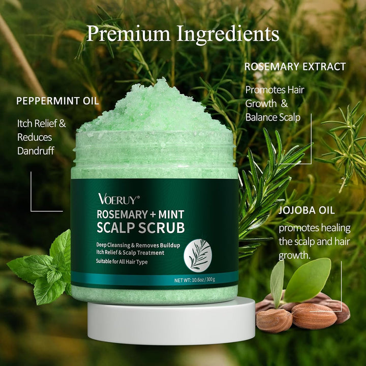 Scalp Scrub, Rosemary Scalp Exfoliator Scrub Shampoo, 2-In-1 Scalp Treatment with Mint Oil, Hair Treatment to Clarify and Remove Build up with Silicone Scalp Massager, 10.6Oz/300G