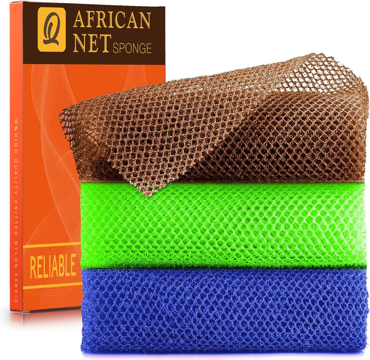3 Pieces African Bath Sponge African Net Long Net Bath Sponge Exfoliating Shower Body Scrubber Back Scrubber Skin Smoother,Great for Daily Use (Pink,Yellow,Purple)