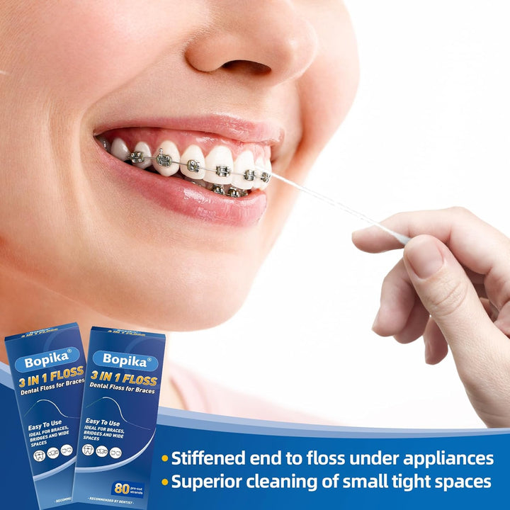 Dental Floss for Braces, 3 in 1 Ultimate Floss, Floss Threaders for Bridges and Implants, 80 Pre-Cut Strands (Pack of 2)