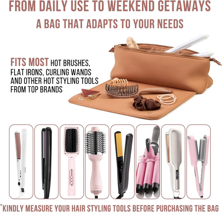 Hair Tools Travel Bag and Heat Resistant Mat for Flat Irons, Straighteners, Curling Iron, and Haircare Accessories, 2-In-1 Design, with Interior Pockets, Portable Organizer
