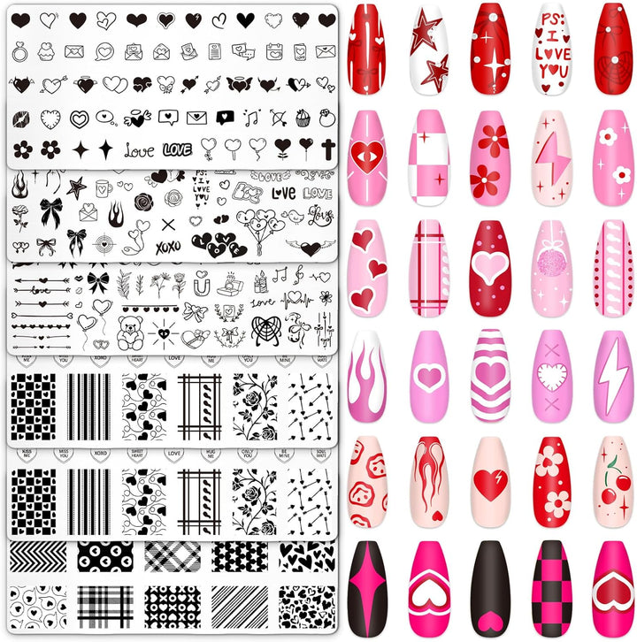 6Pcs All Holiday Nail Art Plates Valentines Stamptemplates Set Winter Christmas Fall Nail Plates Stamping for Xmas DIY Print Manicure Salon Design Gift