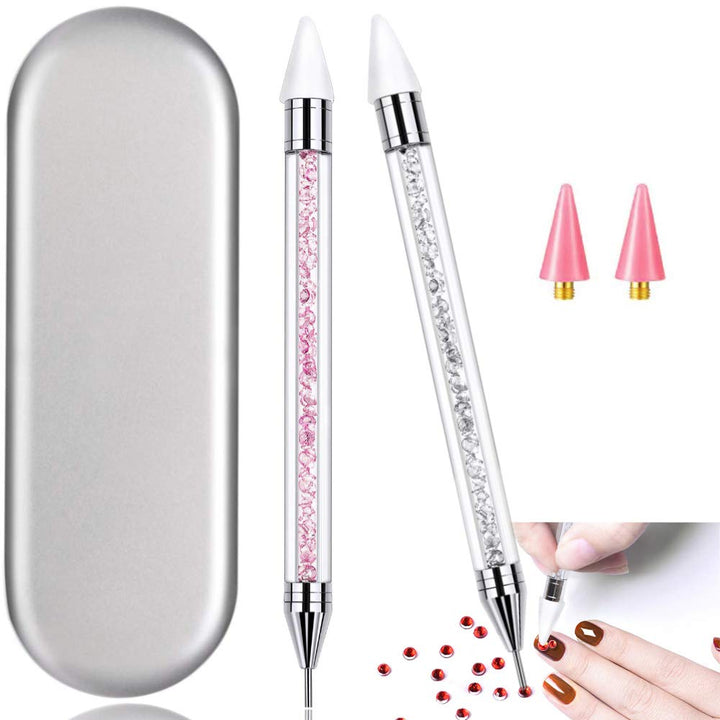 Nail Rhinestone Picker Dotting Tool with Extra 2 Wax Head, Dual-Ended DIY Nail Art Tool with Pink Acrylic Handle