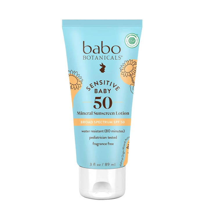 Babo Botanicals Sensitive Baby Mineral Sunscreen Lotion SPF50 - Natural Zinc Oxide - Face & Body - Fragrance-Free - Water-Resistant - EWG Verified - Vegan - Extra Sensitive Skin - for Babies & Kids