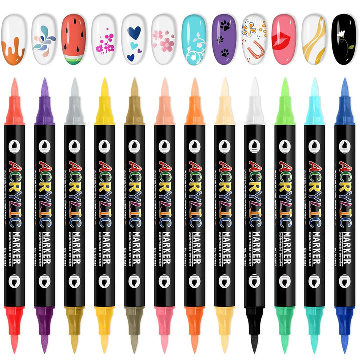 12 Colors Nail Art Pens Set, 3D 0.7MM Nail Polish Pens Quick-Drying Nail Art Acrylic Paint Nail Point Dotting Liner Pen Tools for Home & Salon Nail DIY