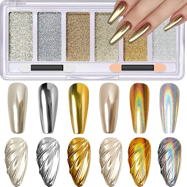 Gold Silver Chrome Nail Powder, 6 Colors Holographic Unicorn Iridescent Nail Chrome Powder, Metallic Mirror Effect Light Gold Champagne Chrome Powder Palette Pigment Glitter for Nail Art