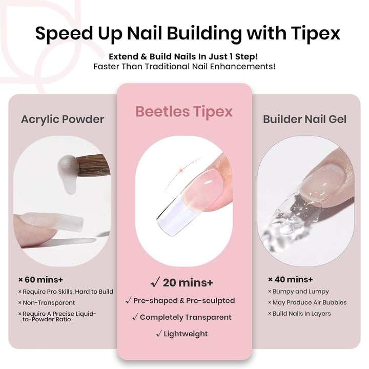 Beetles Tipex Nail Kit, Square Medium Nail Tips 224 Pcs 16 Sizes Pre-Etched Fake Nails with Tipex Nail Glue Mini Nail Lamp - Thick Acrylic Nail Set Pre-Builder Gel Press-On Nails