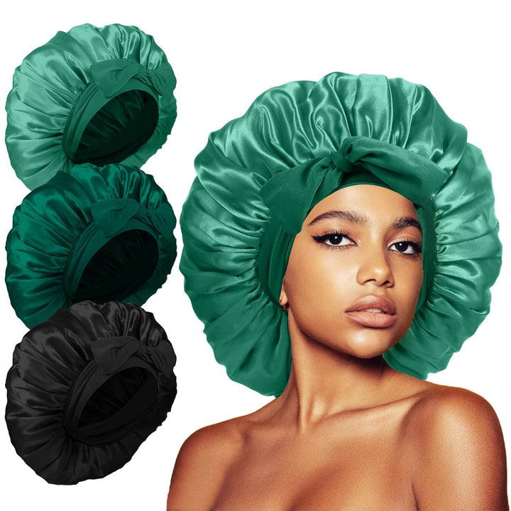3Pcs Bonnets for Sleeping, Extra Satin Silk Bonnet for Sleeping Women with Tie Band for Curly Hair Jumbo Bonnet Braids