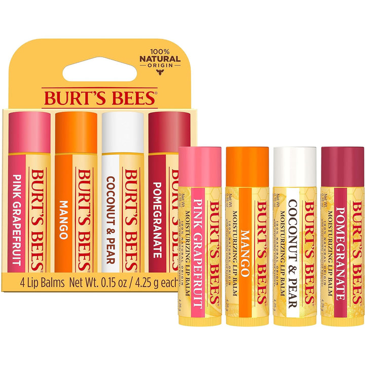 Lip Balm - Pink Grapefruit, Mango, Coconut & Pear, and Pomegranate Pack, Lip Moisturizer with Beeswax, Tint-Free, Natural Origin Conditioning Treatment, 4 Tubes, 0.15 Oz.