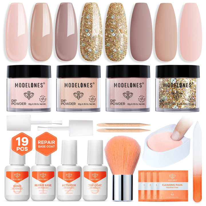 Dip Powder Nail Kit, 4 Colors Fall Orange Glitter Dipping Starter Set with Liquid and Complete Accessories for French Nails Art Salon DIY at Home Manicure